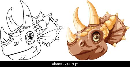 Illustration of dinosaur heads in color and outline Illustrazione Vettoriale