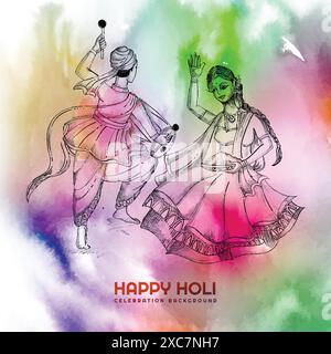 Bella coppia che suona festival di colori holi sfondo colorato Illustrazione Vettoriale