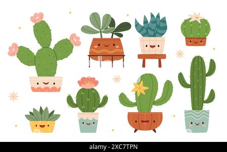 Set di carini cactus e succulenti cartoni animati con volti divertenti in pentole e con piante Illustrazione Vettoriale