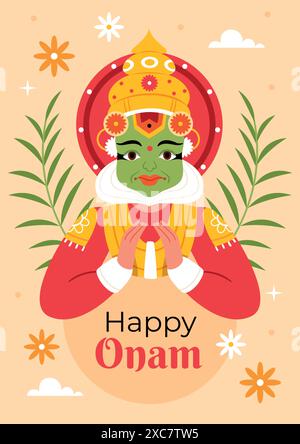 Il festival Onam fa da sfondo alla tradizionale celebrazione del Kerala dell'India meridionale. Ballerina Onam Kathakali Illustrazione Vettoriale