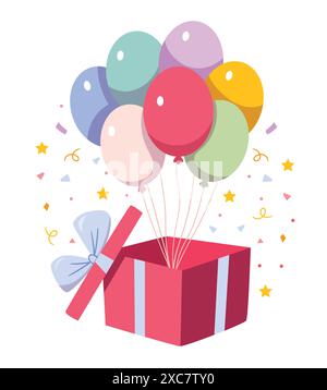 Confezione regalo con palloncini all'elio. Modello biglietto di auguri di compleanno. Illustrazione Vettoriale