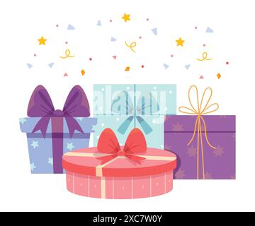 Set di colorate scatole regalo con archetti e nastri. Illustrazione Vettoriale
