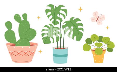 Un set di piante per la casa in pentole in stile disegnato a mano. Cactus, monstera, pelea. Illustrazione Vettoriale