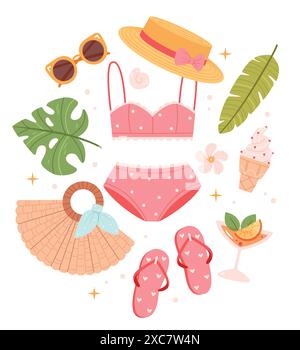 Set di creatori di outfit con abbigliamento femminile, costume da bagno, scarpe infradito, borsa, occhiali, cappello panama. Collezione di abiti da guardaroba. Illustrazione Vettoriale