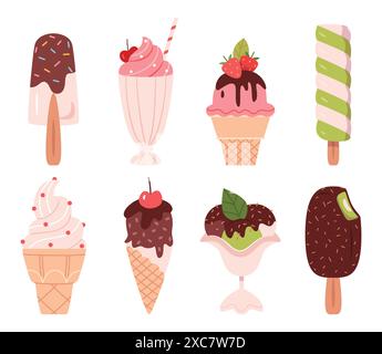 Set di gelati colorati in tazze per waffle, coni e bicchieri. Illustrazione Vettoriale