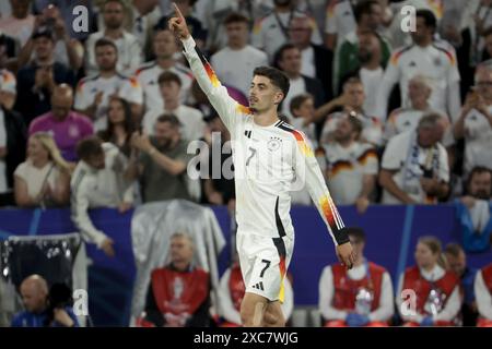 La Germania Kai Havertz festeggia il suo gol durante la partita di calcio UEFA Euro 2024, gruppo A, tra Germania e Scozia il 14 giugno 2024 all'Allianz Arena di Monaco Foto Stock