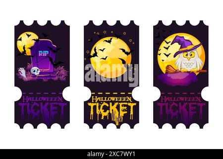 Biglietti per Halloween divertenti. Modelli vettoriali per la festa di Halloween. Biglietti cartacei e pass d'ingresso con luna, lapide, gufo e simboli di Halloween Illustrazione Vettoriale