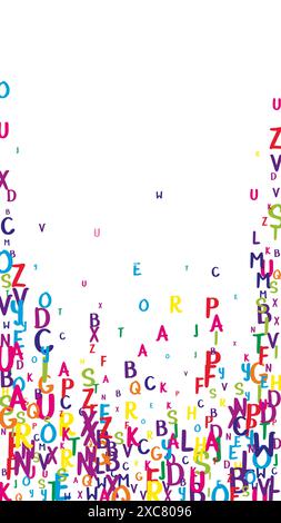 Lettere di lingua inglese cadenti. Coloratissimi caratteri volanti infantili in alfabeto latino. Concetto di studio delle lingue straniere. Banner di ritorno a scuola su sfondo bianco. Illustrazione Vettoriale