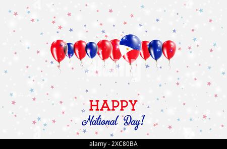 Manifesto patriottico scintillante del giorno dell'indipendenza delle Filippine. Fila di palloncini nei colori della bandiera filippina. Biglietto d'auguri con bandiere nazionali, Confetti e stelle. Illustrazione Vettoriale
