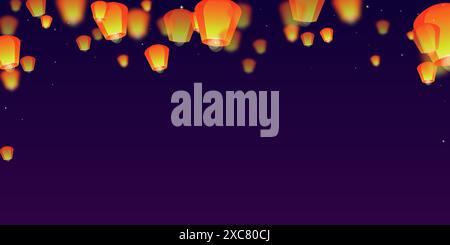 Lanterne che fluttuano nel cielo notturno. Vacanze in Thailandia con lanterne di carta che volano nel cielo notturno. Celebrazioni per il festival delle lanterne. Illustrazione vettoriale su sfondo sfumato viola. Illustrazione Vettoriale