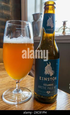 Einstök, birra islandese, Arctic pale Ale. Birre locali dell'islanda, con una raffigurazione vichinga sulla bottiglia. Foto Stock