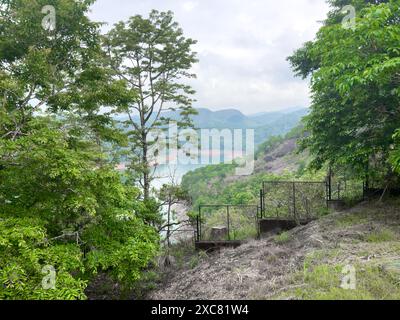 Splendida vista attraverso gli alberi del bacino idrico della diga di Idukki costruito sul fiume Periyar, il distretto di Idukki, Kerala. Foto Stock