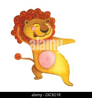 Illustrazione acquerello con carattere leone. L'illustrazione è disegnata a mano in stile cartone animato. Disegno per adesivi, stampe, poster, scrapbooking. Foto Stock