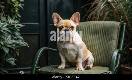 Un carino bulldog francese color crema si siede sulla sedia. Foto Stock