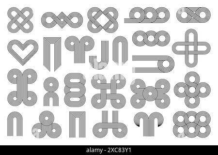 Set di linee geometriche di archi e cerchi di forme astratte intrecciate. Elemento di design lineare in moderno stile boho Bauhaus Illustrazione Vettoriale