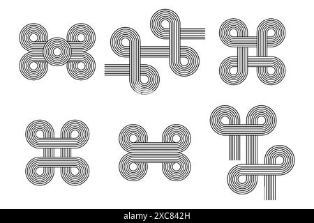 Set di linee geometriche di archi e cerchi di forme astratte intrecciate. Elemento di design lineare in moderno stile boho Bauhaus Illustrazione Vettoriale