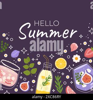 Illustrazione con la frase Hello Summer su sfondo scuro. Elementi a tema estivo come bicchieri di bevande rinfrescanti con cubetti di ghiaccio, fette di agrumi Illustrazione Vettoriale