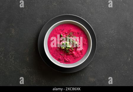 Zuppa di crema di barbabietole con yogurt, cetrioli e aneto nel recipiente su sfondo scuro. Zuppa fredda estiva. Vista dall'alto, disposizione piatta Foto Stock