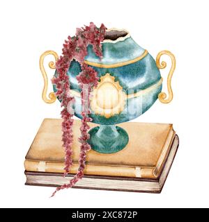 Vaso antico in cima a una pila di vecchi libri. Ciotola in marmo vintage decorata con fiori. Illustrazione ad acquerello disegnata a mano isolata su backgroun bianco Foto Stock