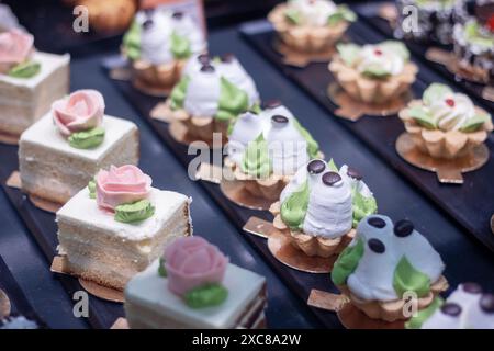 Un bellissimo assortimento di dessert è elegantemente esposto su un tavolo, che presenta una deliziosa gamma di dolci e prelibatezze Foto Stock