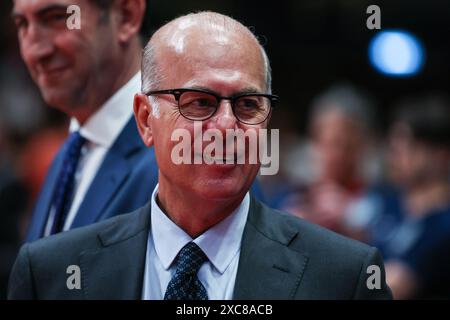 Milano, Italia. 13 giugno 2024. Umbero Gandini Presidente di LBA visto durante la finale LBA Lega Basket A 2024 gara 4 tra EA7 Emporio Armani Milano e Virtus Segafredo Bologna all'Unipol Forum. Punteggio finale; Milano 85:73 Virtus Bologna. (Foto di Fabrizio Carabelli/SOPA Images/Sipa USA) credito: SIPA USA/Alamy Live News Foto Stock