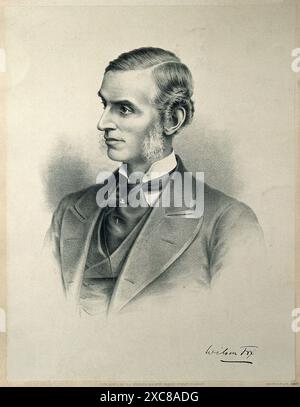 Una litografia d'epoca raffigurante Wilson Fox, un importante medico e patologo inglese. Il ritratto cattura Fox in una posa formale, mostrando il suo abbigliamento distinto e lo sguardo acuto. L'immagine risale al XIX secolo ed è una testimonianza dei contributi significativi dei Foxs nel campo della medicina. Foto Stock