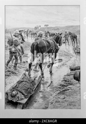 Un dipinto ad acquerello bianco e nero di E. Matania, intorno al 1918, raffigura un cavallo che tira una slitta che trasporta un soldato ferito attraverso il terreno fangoso durante la prima guerra mondiale. Il soldato giace sulla slitta, mentre altri soldati camminano accanto, fornendo supporto e guida. La scena è evocativa delle difficoltà affrontate dai soldati sul campo di battaglia. Foto Stock