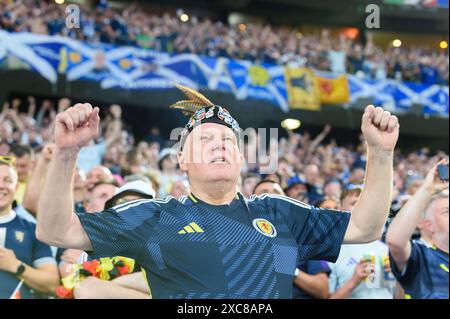 Monaco, Germania. 14 giugno 2024. Monaco di Baviera, Germania, 14 giugno 2024: Tifoso di Scozia in tribuna prima della partita di calcio UEFA EURO 2024 di gruppo A tra Germania e Scozia all'Arena di Monaco, Germania. (Sven Beyrich/SPP) credito: SPP Sport Press Photo. /Alamy Live News Foto Stock