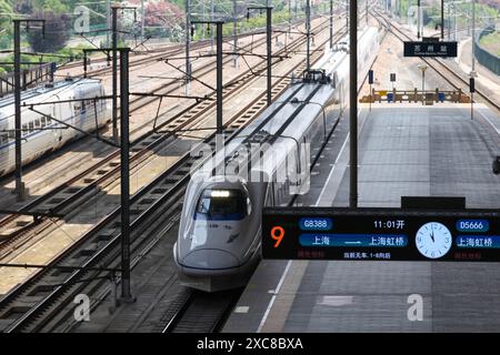 (240615) -- SHANGHAI, 15 giugno 2024 (Xinhua) -- il treno G8388 entra nella stazione ferroviaria di Suzhou a Suzhou, nella provincia cinese di Jiangsu, 15 giugno 2024. Il delta del fiume Yangtze, una regione economicamente vivace in Cina, sabato ha visto il funzionamento della sua prima linea ferroviaria ad anello, che ha attraversato la metropoli di Shanghai con le principali città del cluster regionale. Codificato G8388, il primo servizio ferroviario sulla linea ferroviaria è stato lanciato dalla stazione ferroviaria di Shanghai alle 10:27, sabato. Per un giro completo, il treno dovrebbe viaggiare per otto ore e nove minuti su un tracciato che si estende per più di 9 minuti Foto Stock