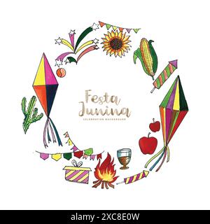 Colorato e isolato festa junina Icon Set Brasile brillante festa villaggio di vacanza di illustrazione vettore di fertilità Illustrazione Vettoriale