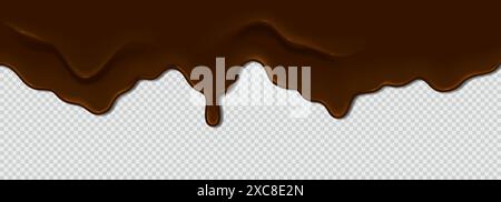 Cioccolato al latte fuso che gocciola su uno sfondo isolato. Ondata di liquido che gocciola dall'alto. Gocciolamento di vernice marrone. Trama orizzontale, realistica Illustrazione Vettoriale