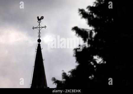 Ein Kreuz mit Wetterhahn steht auf dem Dach einer Kirche vor Wolkenhimmel Der Kirchenaustritt ist die vom Bürger auf eigenen Wunsch veranlasste Beendigung der staatlich registrierten Mitgliedschaft in einer Kirche. Themenbild, Symbolbild Frechen, 14.05.2024 NRW Deutschland *** Una croce con un rubinetto si erge sul tetto di una chiesa di fronte a un cielo nuvoloso che lascia la chiesa è la cessazione dell'appartenenza statale a una chiesa su richiesta dei cittadini immagine a tema, immagine simbolica Frechen, 14 05 2024 NRW Germania Copyright: xChristophxHardtx Foto Stock
