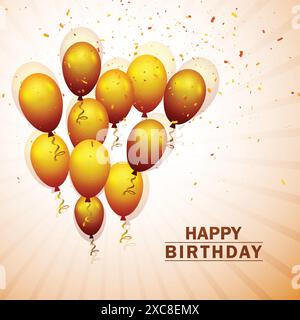 Bellissima festa di compleanno con palloncini volanti dorati sullo sfondo dei coriandoli Illustrazione Vettoriale