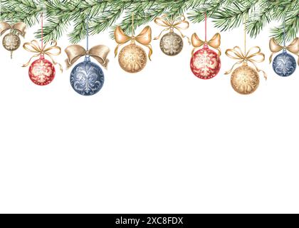 Palle di albero di Natale con archi di seta sul ramo di abete rosso. Illustrazione ad acquerello disegnata a mano Cartolina disegno di Capodanno. Pino con decorazioni vintage Foto Stock