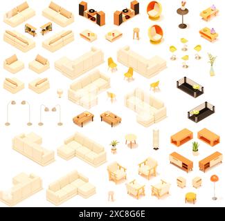 Set di mobili per la casa isometrici vettoriali. Mobili e attrezzature per uso domestico e da ufficio. Divano, letto, sedie, poltrona, tavolo, lampada, ripiani e sgabelli Illustrazione Vettoriale
