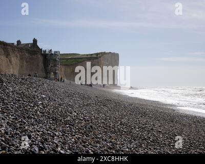 Spiaggia di Birling Gap e scogliere di gesso Seven Sisters che guardano verso la spiaggia, East Dean, South Downs, East Sussex, Manica, Inghilterra, Regno Unito Foto Stock