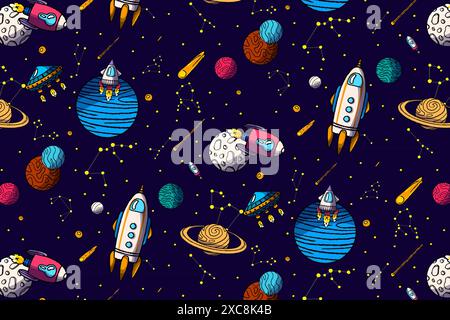 Modello senza cuciture con elementi spaziali disegnati a mano di spazio, razzo, stella, pianeta, sonda spaziale. Sfondo vettoriale per bambini alla moda. Illustrazione Vettoriale