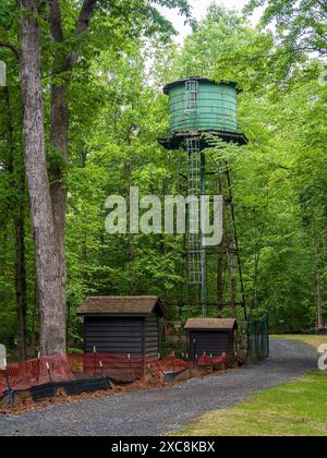 Un'antica torre d'acqua sbircia attraverso il verdeggiante baldacchino del Prince William Forest Park, Virginia, che si fonde perfettamente con la lussureggiante vegetazione. Foto Stock