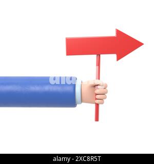 Icona movimento cartoni animati Mockup. Freccia del puntatore in una mano di cartone animato. Rendering Disney Cartoon.3D su sfondo bianco. Foto Stock