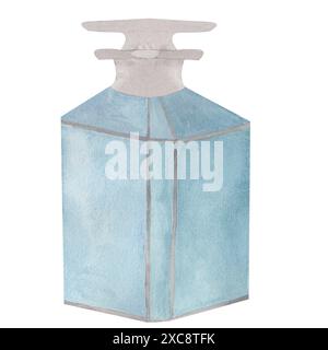 Bottiglia vintage di profumo blu dipinto a mano in acquerello. Illustrazione di moda su sfondo bianco. Utilizzato per cartoline e design Foto Stock