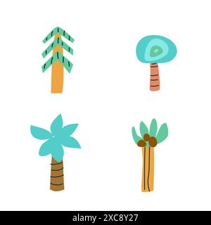 Set di graziosi elementi floreali per bambini. Collezione di alberi tropicali e scandinavi. Palme e albero di natale in stile infantile. Set floreale naive doodle per Illustrazione Vettoriale