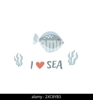 I bambini hanno un background di animali marini con parole. Elementi nautici. Un pesce carino o un abitante dell'oceano con alghe marine. Vita marina selvaggia, animali marini con testo per Illustrazione Vettoriale