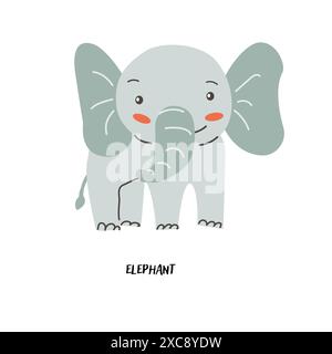 Elefante con carta animale per bambini per l'istruzione. Design dell'asilo. Carino flash card di animali africani in lingua inglese. Simpatico poster dei personaggi dei cartoni animati Illustrazione Vettoriale
