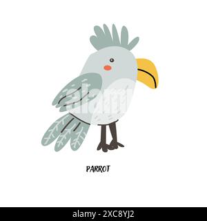 Pappagallo con carta per bambini per l'istruzione. Design dell'asilo. Carino flash card di animali africani in lingua inglese. Simpatico poster dei personaggi dei cartoni animati per Illustrazione Vettoriale