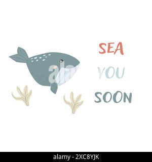 I bambini hanno un background di animali marini con parole. Elementi nautici. Un pesce carino o un abitante dell'oceano con alghe marine. Vita marina selvaggia, animali marini con testo per Illustrazione Vettoriale