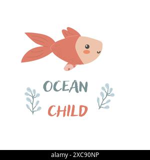 I bambini hanno un background di animali marini con parole. Elementi nautici. Un pesce carino o un abitante dell'oceano con alghe marine. Vita marina selvaggia, animali marini con testo per Illustrazione Vettoriale