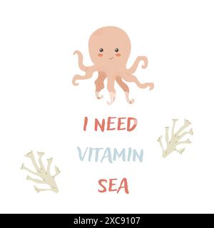 I bambini hanno un background di animali marini con parole. Elementi nautici. Un pesce carino o un abitante dell'oceano con alghe marine. Vita marina selvaggia, animali marini con testo per Illustrazione Vettoriale