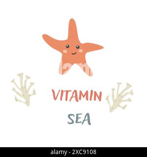 I bambini fanno da sfondo a pesci statici di animali marini con le parole. Elementi nautici. Un pesce carino o un abitante dell'oceano con alghe marine. Vita marina selvaggia, animali marini con Illustrazione Vettoriale