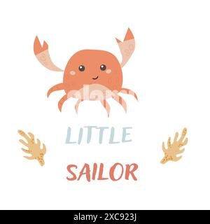 I bambini hanno un background di animali marini con parole. Elementi nautici. Un pesce carino o un abitante dell'oceano con alghe marine. Sea Wild LIFE, animale marino con testo per Illustrazione Vettoriale