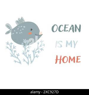 Bambini animali marini piranha sfondo con parole. Elementi nautici. Un pesce carino o un abitante dell'oceano con alghe marine. Vita marina selvaggia, animali marini con Illustrazione Vettoriale